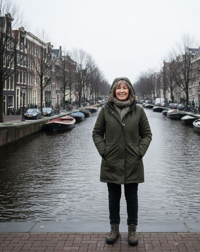 A woman who is dressed for cold weather is posing on a bridge over a canal in Amsterdam
