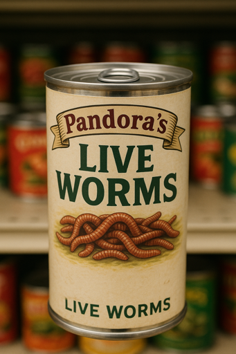 A steel can, floating in front of a super-market shelf, labeled "Pandora's Live Worms".
