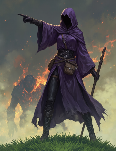 A hooded figure in a purple cloak standing on a grassy hill, pointing forward with one hand while holding a staff in the other. The figure's face is obscured by the hood, adding an air of mystery. The attire includes various belts and pouches, along with black trousers and boots. Behind the figure, a large, humanoid creature made of fire and smoke looms menacingly, with flames and embers surrounding it, filling the background with a haze of smoke and fire.