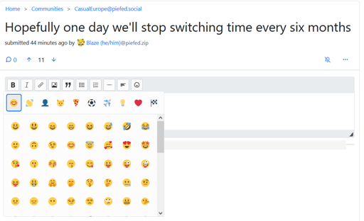 Piefed now has an emoji button in the text editor