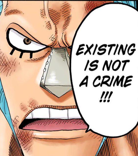 A close up shot of Franky the cyborg from the manga One Piece with a speach bubble saying "Existing is not a crime!!!"