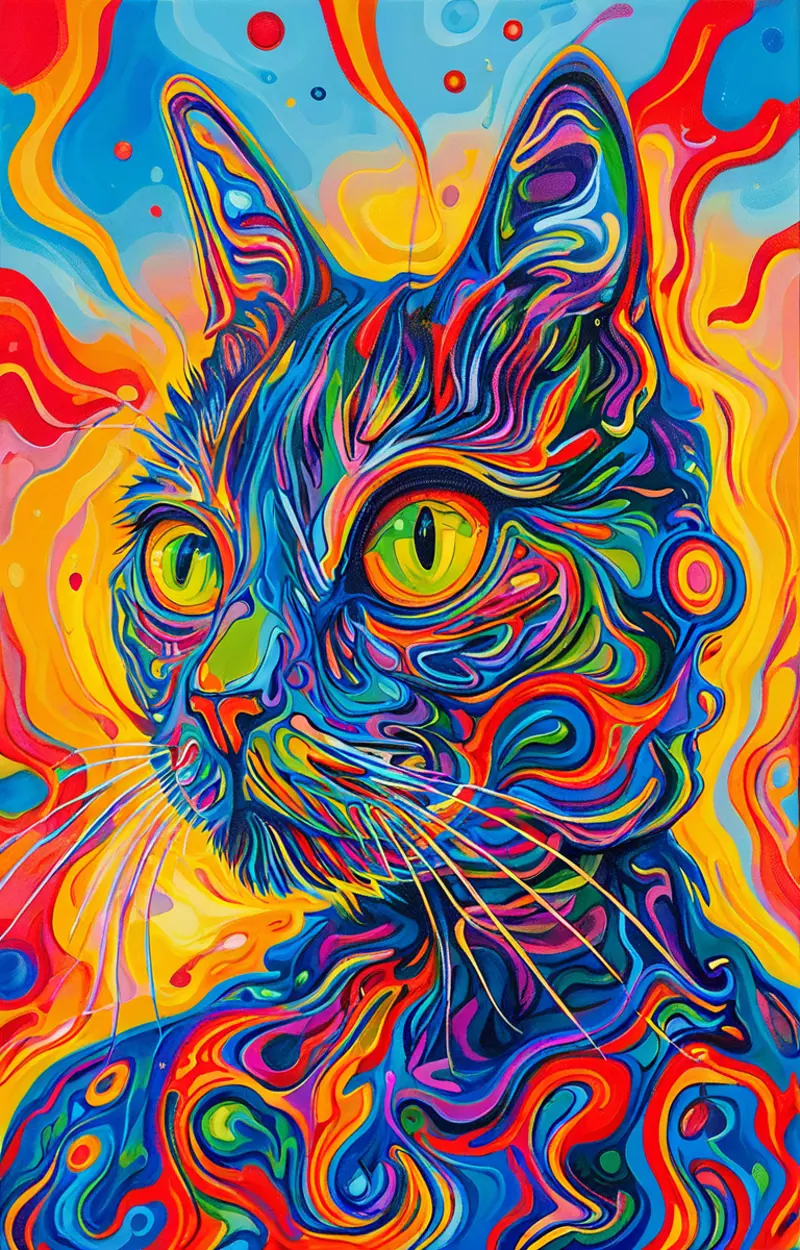 A brightly colored, abstract painting of a cat. The subject is a swirling mix of vivid hues that blend into each other, creating a psychedelic effect. The intense colors and fluid shapes gives the artwork an energetic and mesmerizing quality, making it visually striking and memorable. 