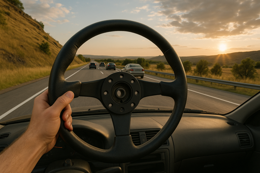 A driver of a passenger-vehicle holds a detached steering wheel. Beyond that, it is seen that the car is in motion on the road, with other traffic/cars present. The serene sunset to the right stands in emotional contrast to the logical presence of imminent danger presented by loss of control.