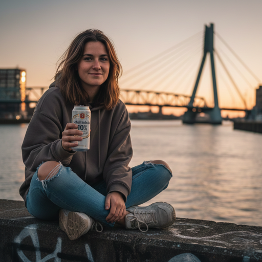 A woman dressed in a hoodie and jeans is holding a beer during sunset by the Port of Rotterdam