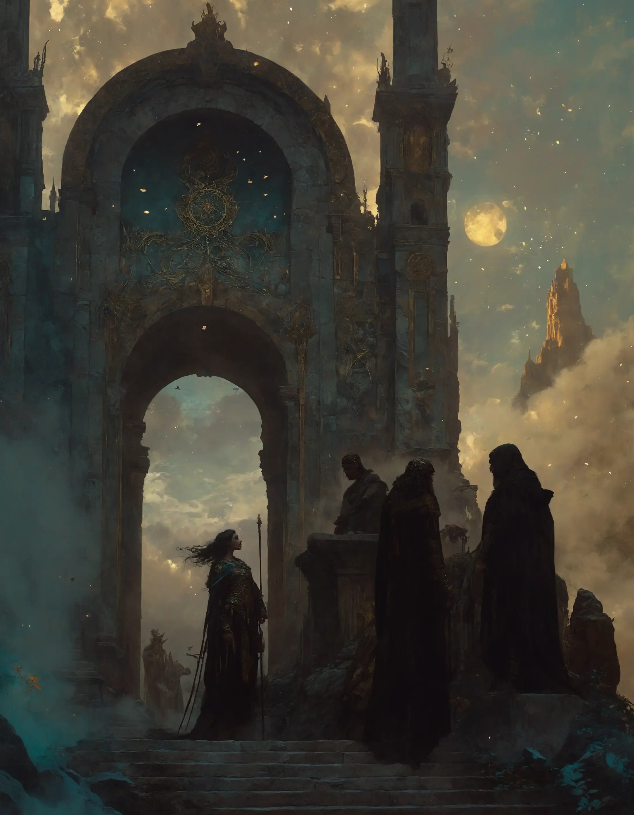 A group of figures stand at the top of a flight of stairs under an ancient structure adorned with intricate designs, as if in mid-conversation. The setting is accentuated by towering structures and a mist that shrouds the lower part of the scene, with the moon partially visible through a hazy sky.