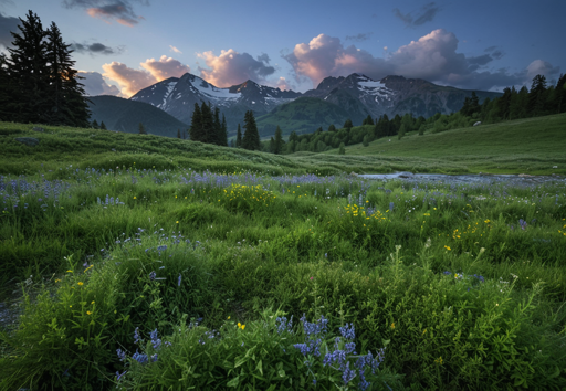 A verdant mountain valley during the soft light of early morning. The foreground is densely covered in lush green grass and wildflowers, predominantly purple and yellow varieties. A narrow stream meanders through the meadow in the middle distance. Forested hillsides and a rugged snow-capped mountain range rise in the background, scattered clouds catching warm pink and orange light in the sky above. Tall evergreen trees frame the scene, enhancing the sense of scale and natural enclosure.