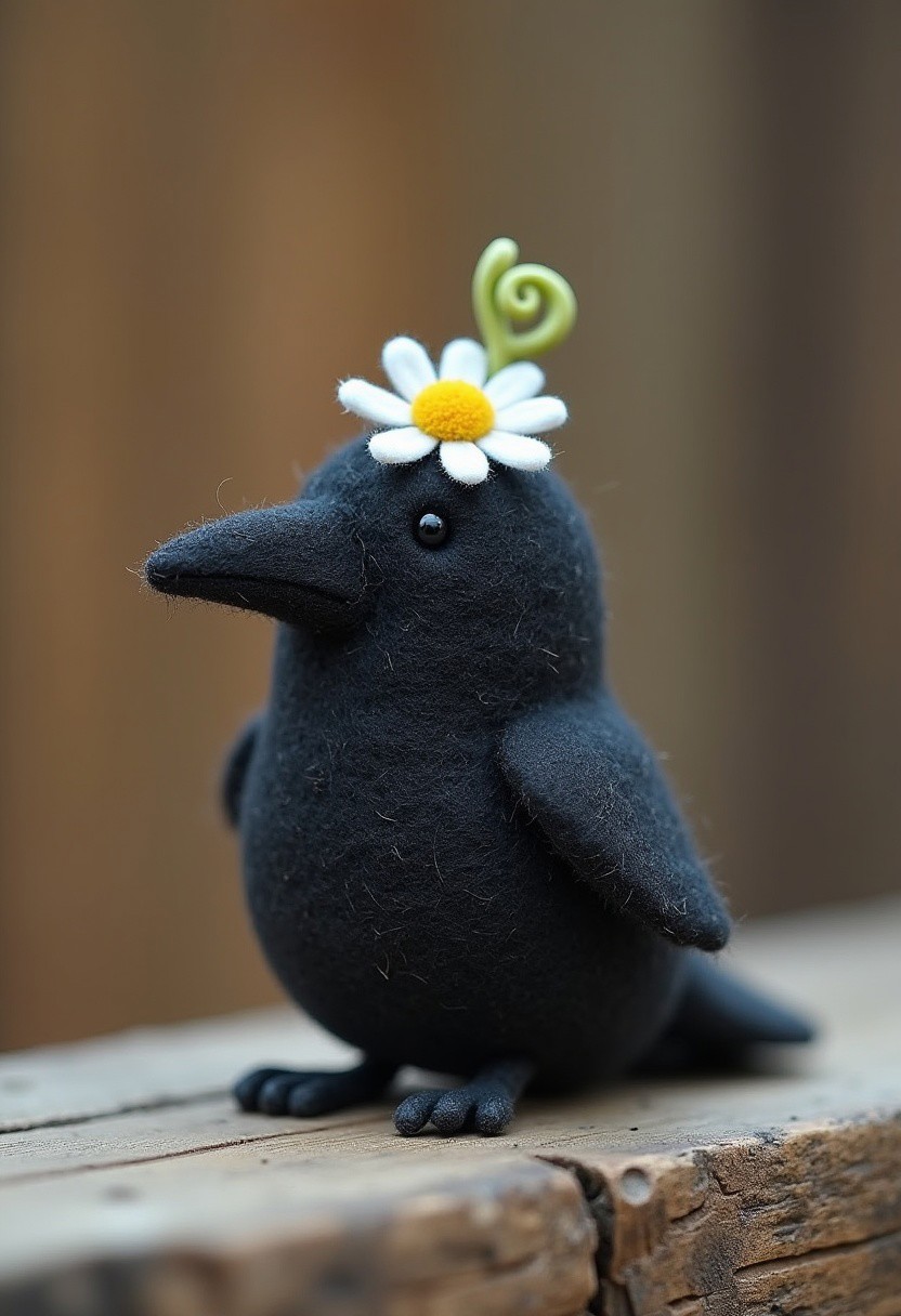 A small, black, felted crow figurine standing on a wooden surface. The crow has a simple, rounded design with small black bead eyes and a pointed beak. On top of the crow's head is a white daisy flower with a yellow center, and a green curly stem extending from the flower. The background is blurred, focusing attention on the crow and its charming floral accessory. 