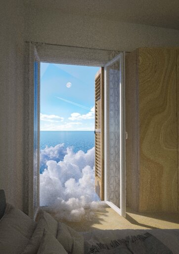 Fluffy clouds drift into the room through a window looking out at the horizon where a gentle blue ocean meets a polite light blue sky.
