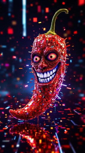 A red chili pepper made up of reflective, mosaic-like tiles, with a face and a manic grin. Its eyes are glowing yellow, with a pattern resembling a CRT scanlines and white teeth with the word "chill" engraved on them. The background is a dark, abstract space filled with bold, multicolored reflective flakes.