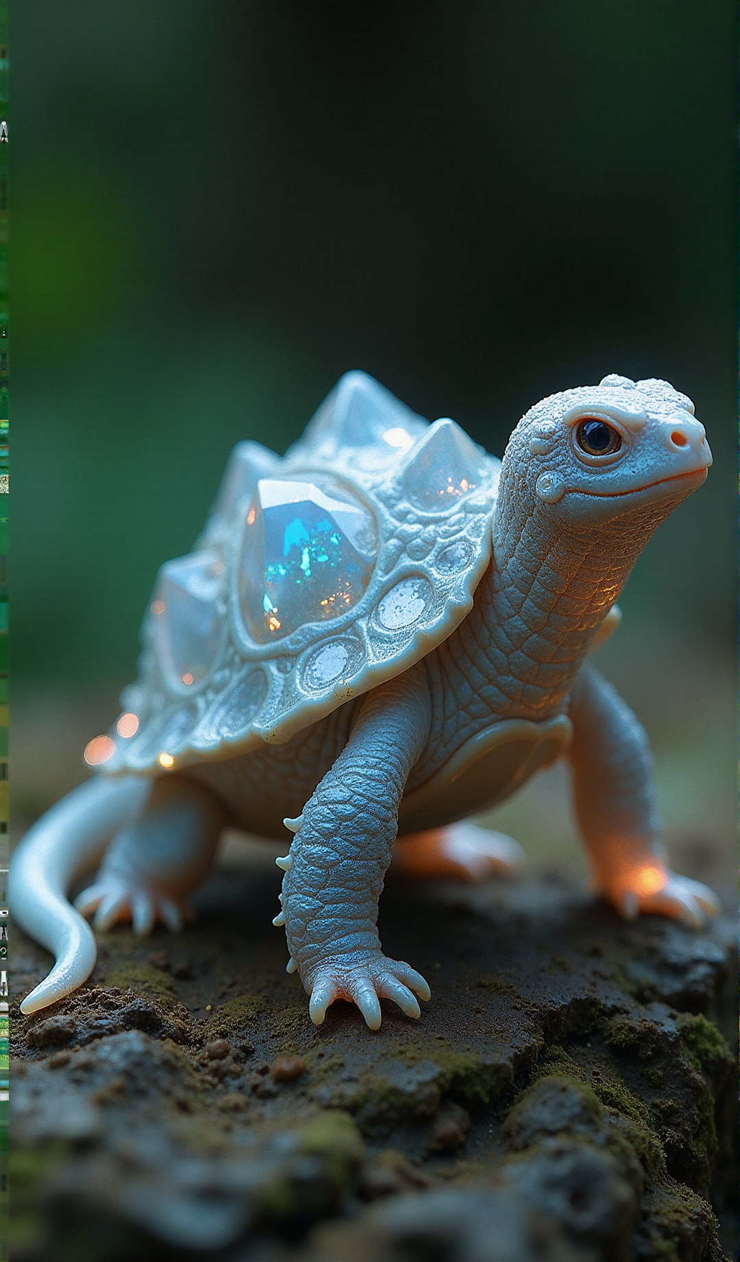 A close-up of a turtle with a long tail, and translucent, opalescent shell and scales standing on dark, moist soil at twilight. 