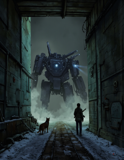 A tense standoff within a narrow, derelict urban alleyway. Emerging from fog at the far end looms a massive, heavily built bipedal mech, its single large optic glowing blue. Facing this imposing machine in the midground are the silhouettes of a human figure holding a rifle and a dog standing alertly beside them. The passage walls are tall and grimy, and the ground is lightly dusted with snow.