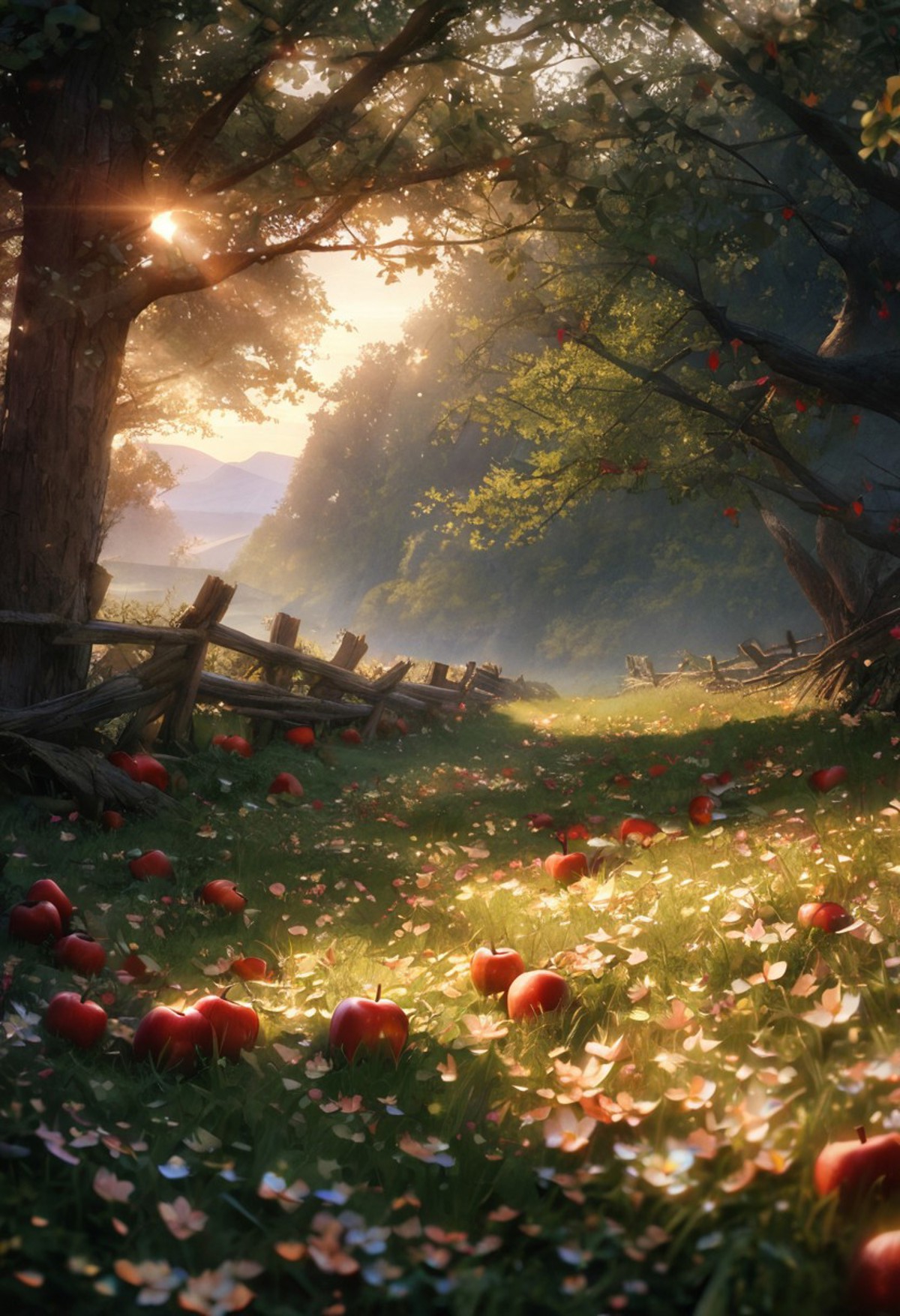 A lush orchard at sunset, where the warm light of the setting sun casts dappled shadows on the ground. A rustic wooden fence lines cuts through the grass, which is dotted with fallen red apples and sprinkled with small white flowers. 